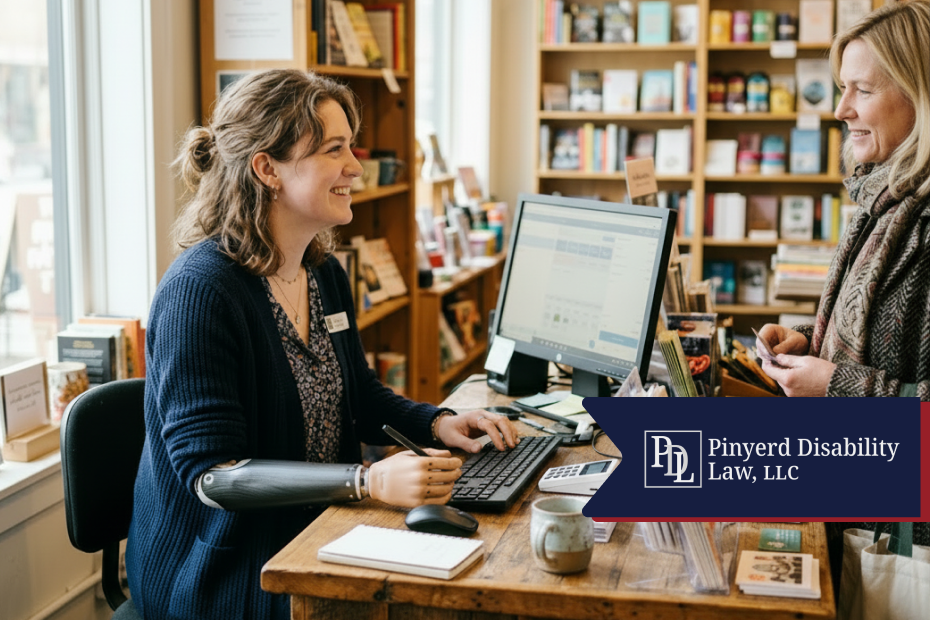 Woman with a prosthetic arm working at a computer in a bookshop