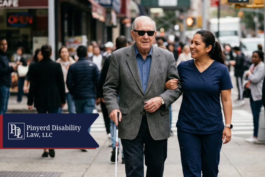 Blind man with a cane walking arm in arm with a caregiver