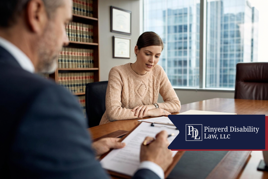 Attorney taking notes while meeting with a client in a law office