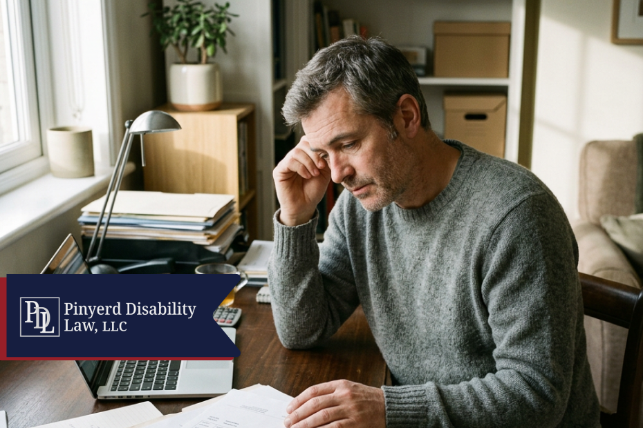 Freelancer reviewing paperwork at a home office desk