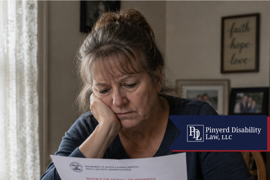 Woman looking worried while reading a denial notice