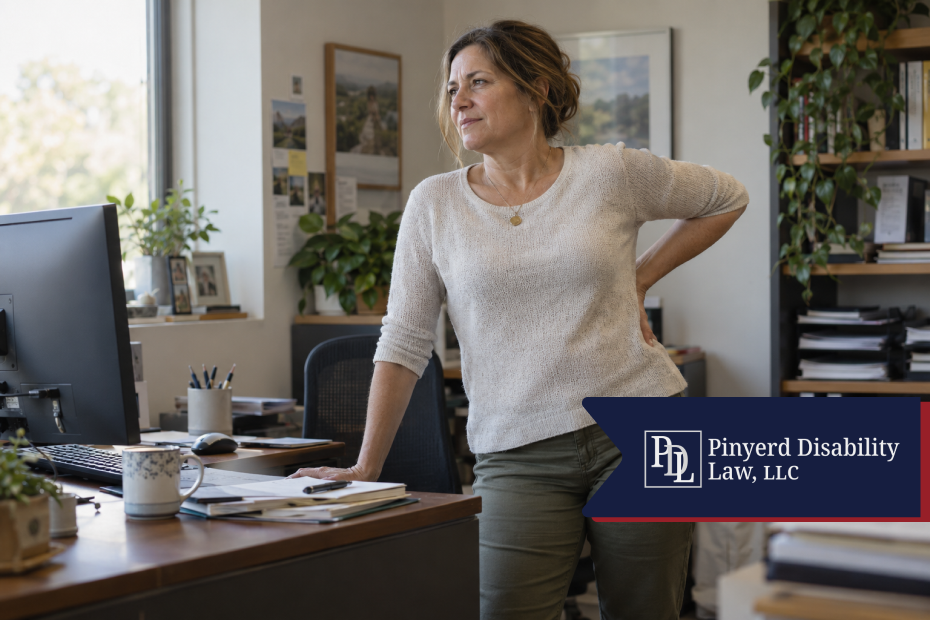 Woman standing at her desk holding her lower back