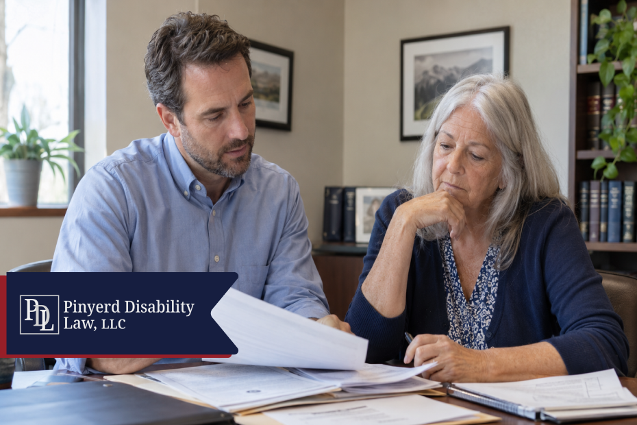 Attorney reviewing case paperwork with an older client