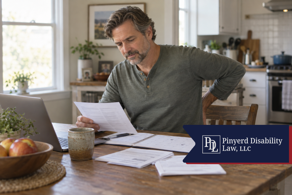 Man at a kitchen table holding his back while reviewing paperwork