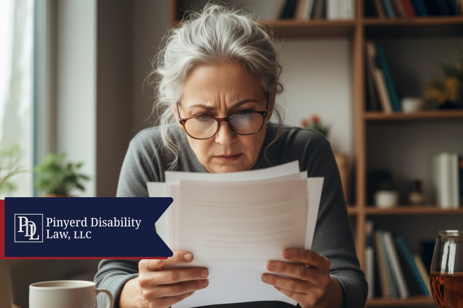 Woman squinting at a stack of papers