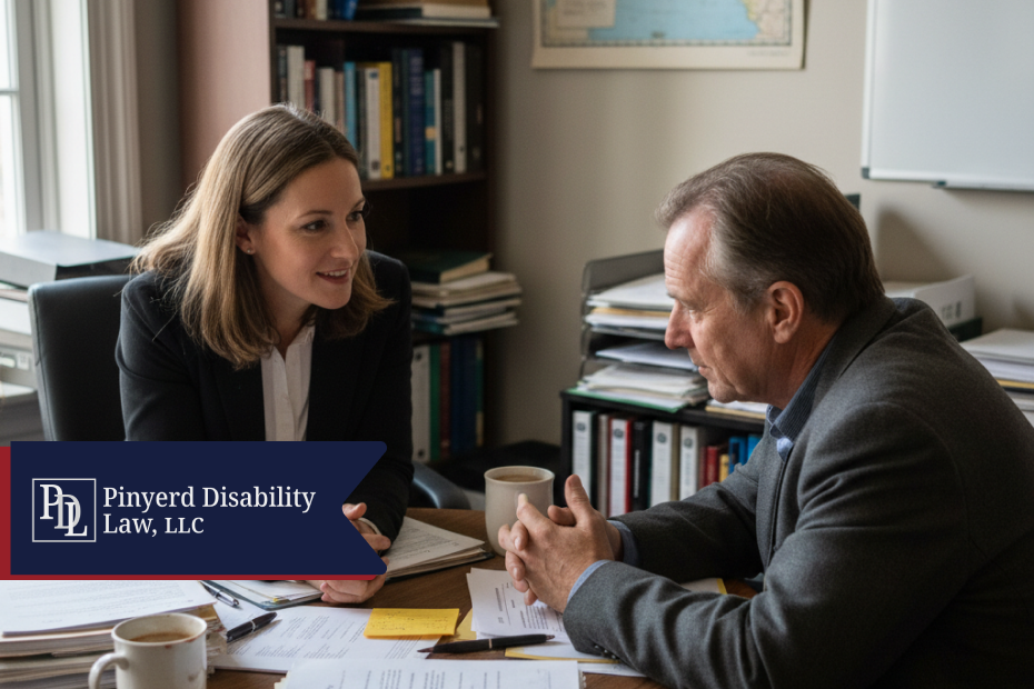 Attorney talking with a client in an office