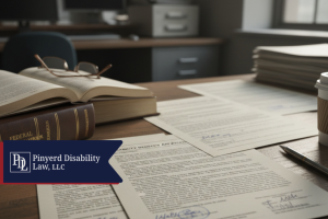 Open law book and legal documents on a desk