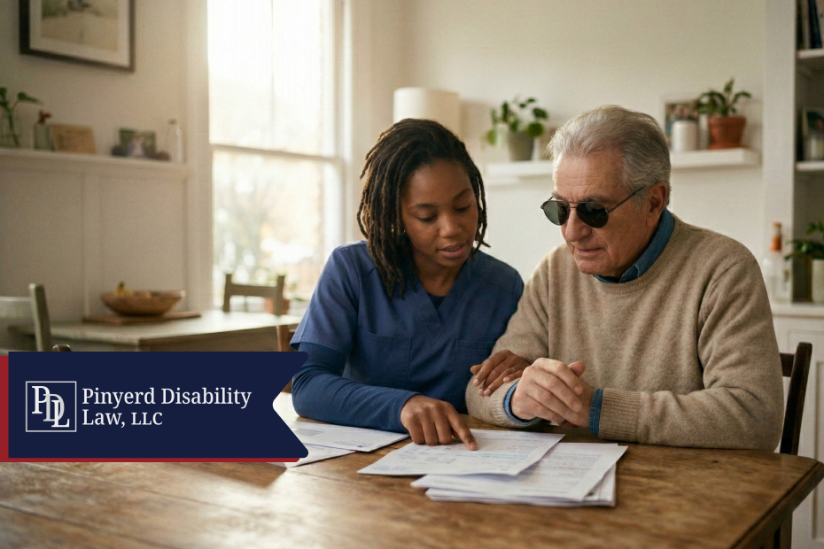 Caregiver helping a blind man review paperwork at a table