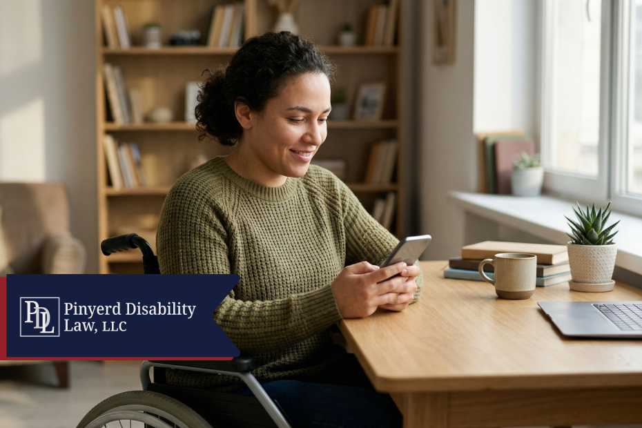 Woman in a wheelchair smiling at her phone at a desk