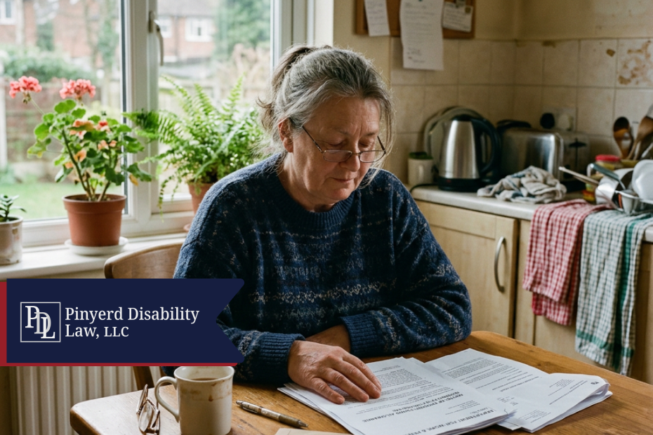 Woman reading paperwork at her kitchen table