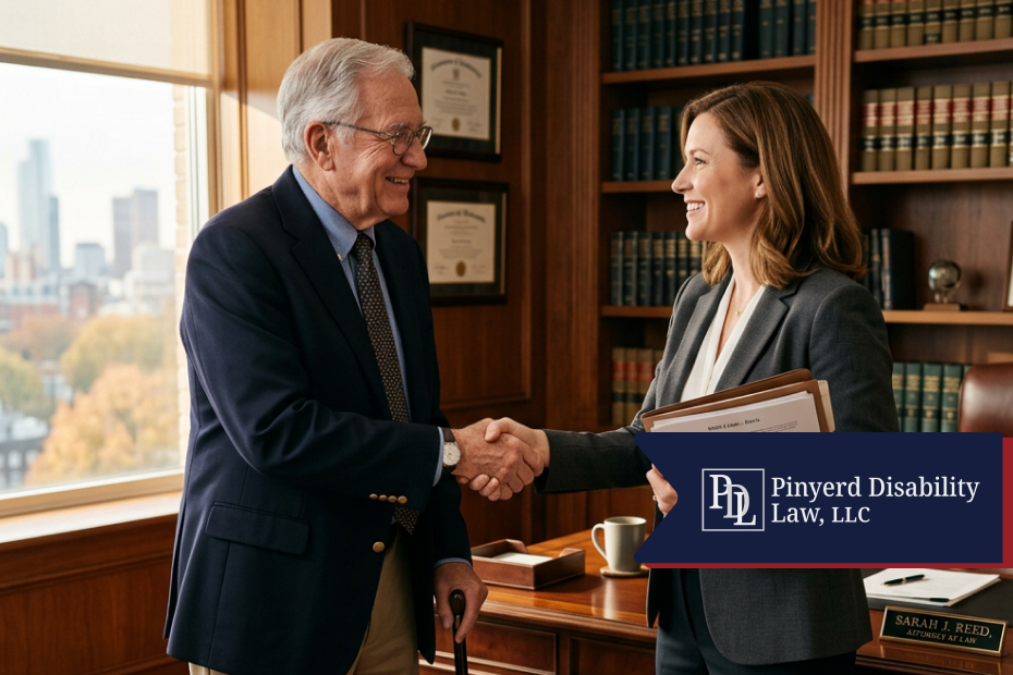 Older man with a cane shaking hands with an attorney in a law office