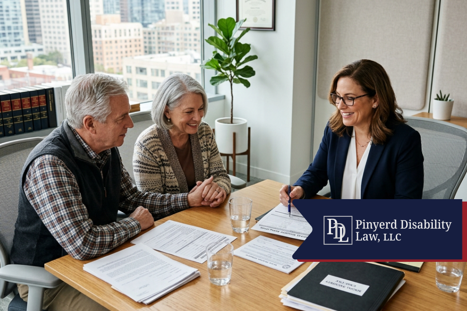 Couple meeting with an attorney and reviewing documents