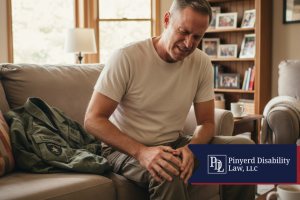 Man holding his knee in pain on a couch next to a military jacket