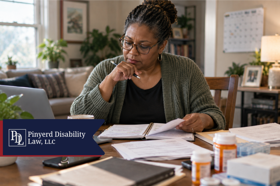 Woman at a table reviewing medical paperwork and prescription bottles