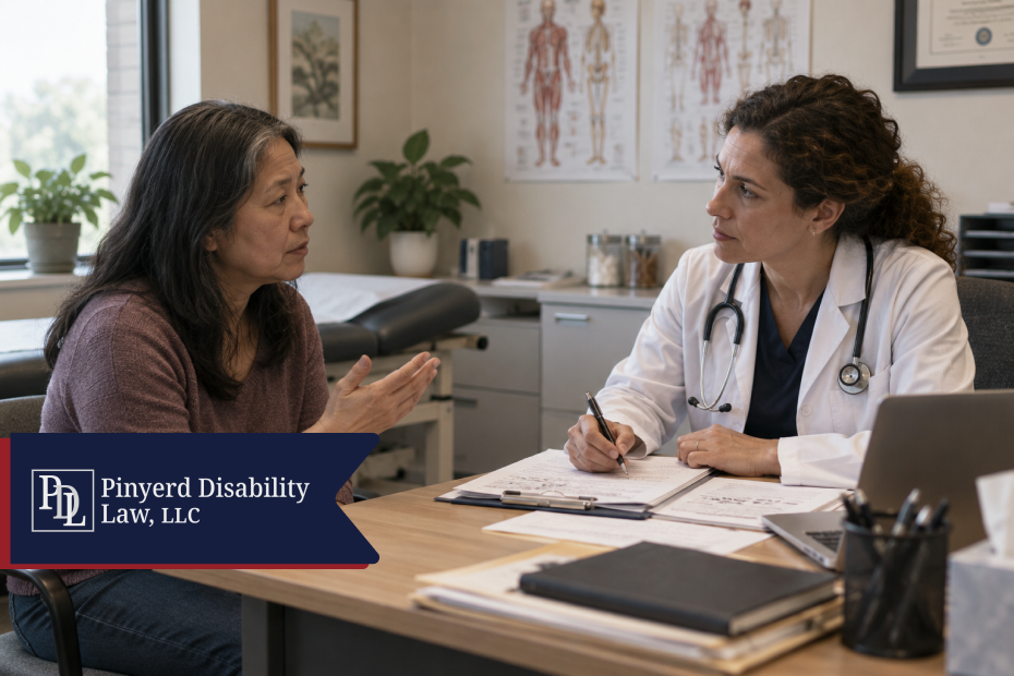 Patient describing her symptoms to a doctor in an exam room