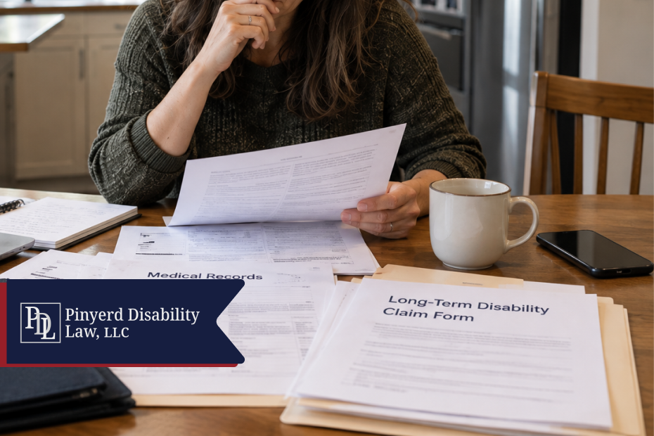 Person reviewing medical records and a long-term disability claim form
