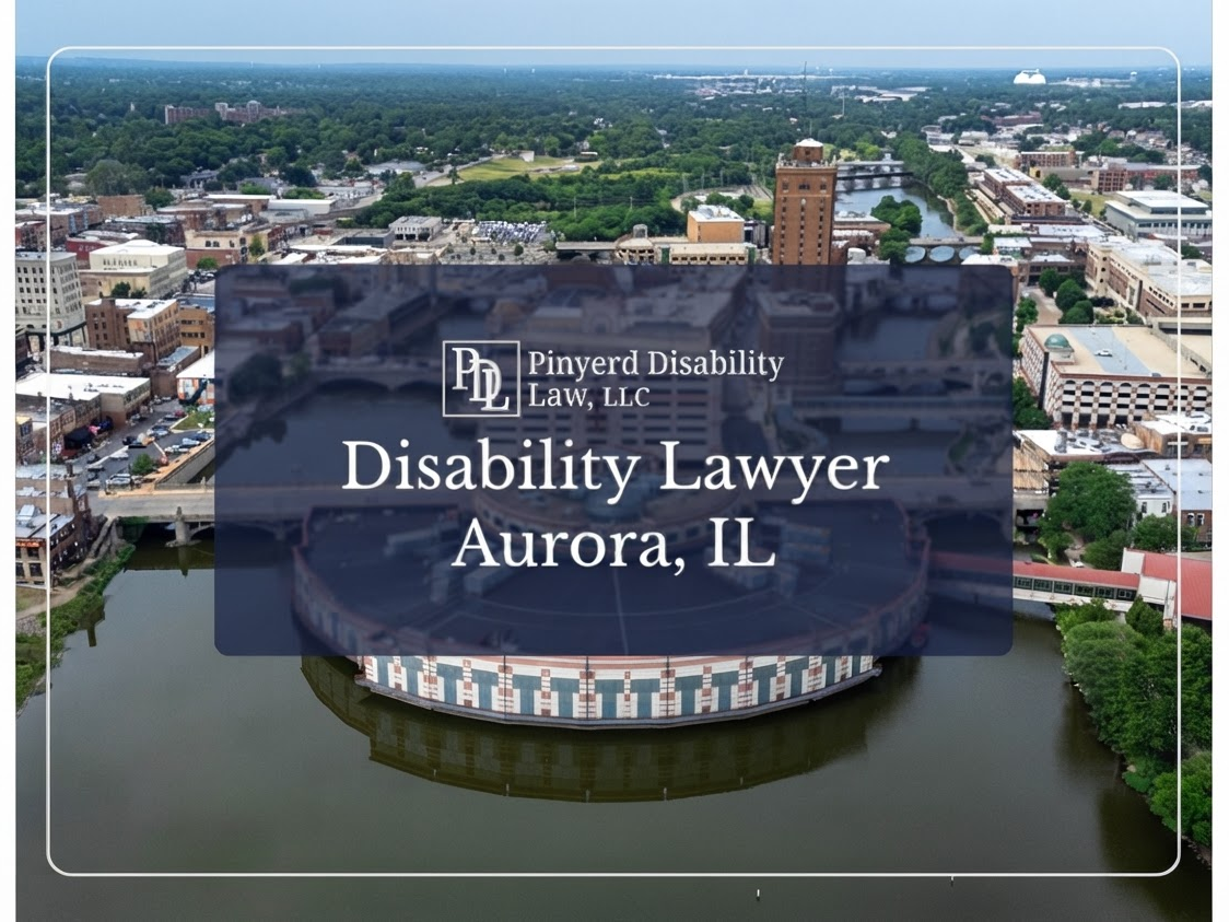Aerial view of Aurora, Illinois with the Pinyerd Disability Law logo and the words Disability Lawyer Aurora, IL